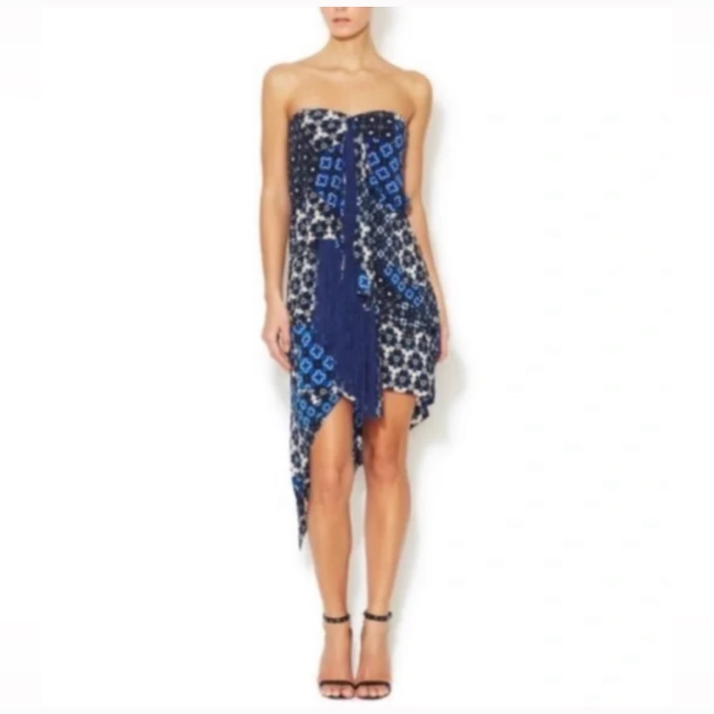 BCBG 100% Silk Enid Fringe Patchwork Strapless Asymmetrical Dress Sz: 2